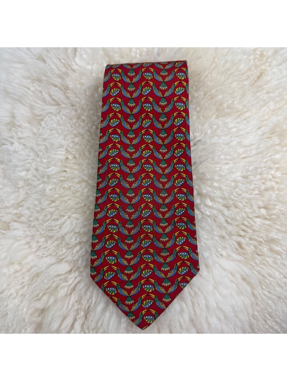 Vintage Salvatore Ferragamo Silk Tie Red Toucan Bird Print Made in Italy